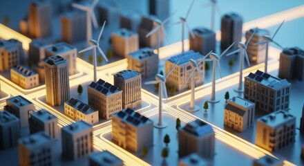 Fototapeta premium Detailed miniature urban model showcasing renewable energy sources like wind turbines and solar panels connected by glowing circuits, future, environment, energy