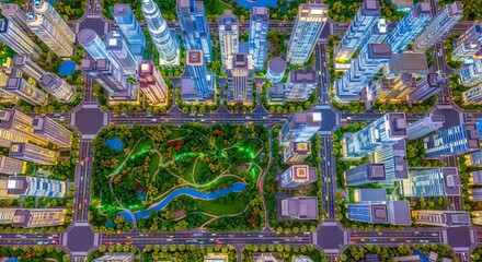 Fototapeta premium Detailed overhead view of a tiny metropolitan model featuring small skyscrapers, green parks, complex road systems, and realistic lighting, miniature, commercial, shadow