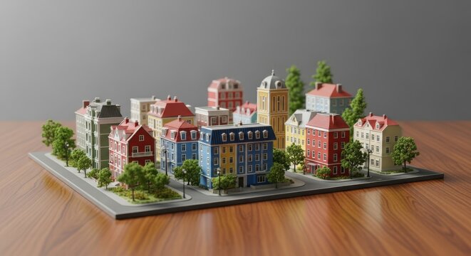 Detailed miniature urban landscape featuring tiny architectural structures, colorful buildings, small streets, and scaled trees on a table, planning, environment, development