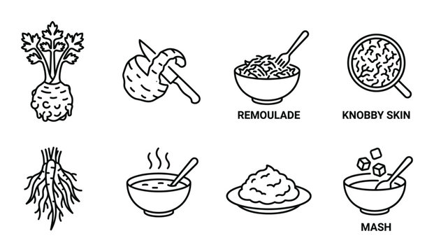 Celery root line art icons remoulade mash soup knobby skin roots cooked preparation.