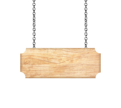 Wooden sign hanging on a chain isolated on white