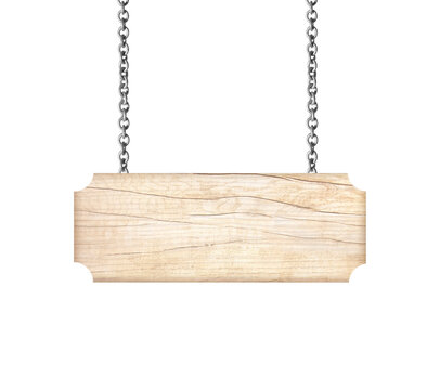 Wooden sign hanging on a chain isolated on white