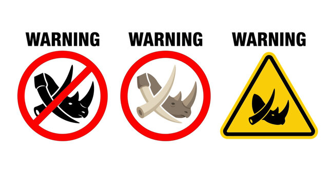 Set of three graphic warning signs advocating for rhino conservation and protection against poaching, highlighting the urgent need to safeguard these magnificent endangered animals