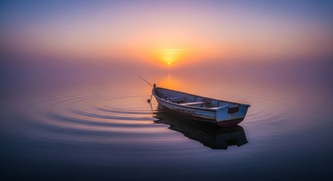 A solitary wooden boat floats on a misty lake at dawn, with a fishing rod resting against the side and ripples disturbing the calm water, recreation, scenery, surface