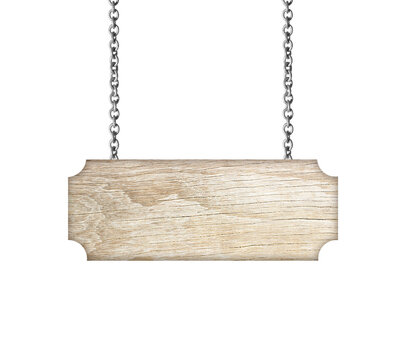 Wooden sign hanging on a chain isolated on white