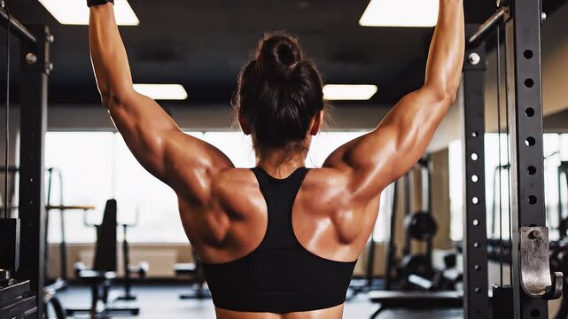 Muscular man doing pull ups gym.