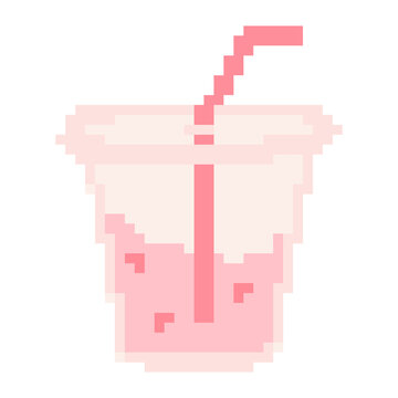 Pink cold drink in plastic takeaway cup with straw pixel art icon