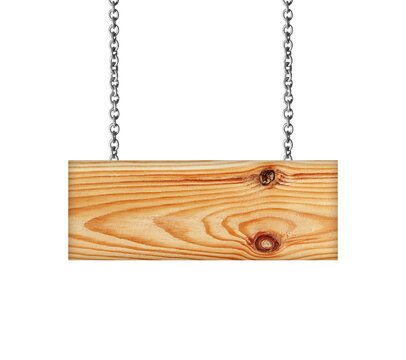 Wooden sign hanging on a chain isolated on white