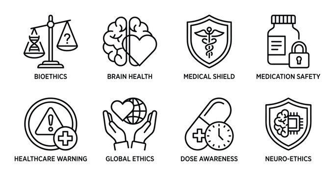 Medical ethics and healthcare concepts icons with labels bioethics brain health medical shield medication safety.