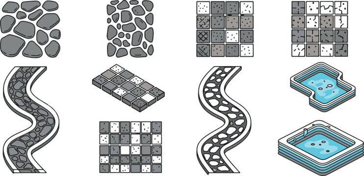 Set of landscape garden design elements including stone pavement patterns, cobblestone paths, and isometric outdoor swimming pools.