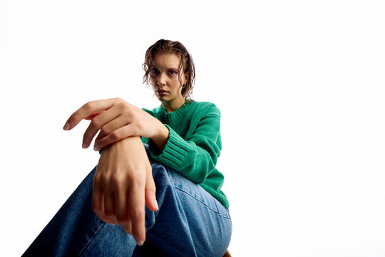 Casual woman in green knitwear