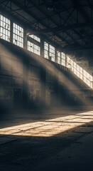 Fototapeta premium Somber mood inside an expansive abandoned factory hall where light falls across dusty concrete and rusted beams in a quiet lonely setting, rusty, mood, heavy