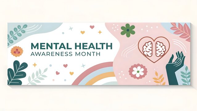 Mental Health Awareness Month vector web banner with brain heart and rainbow