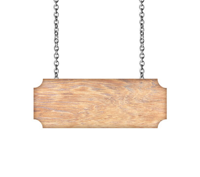 Wooden sign hanging on a chain isolated on white