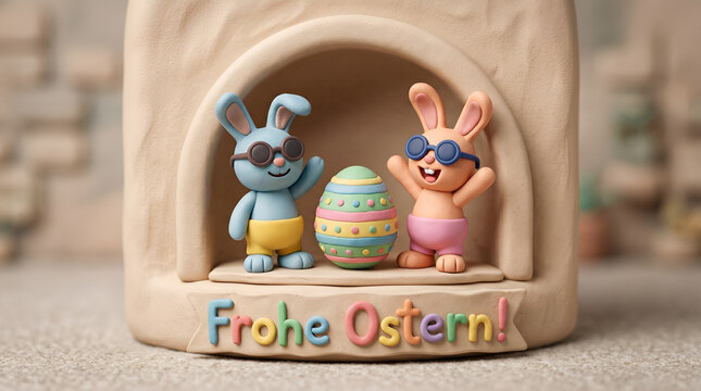 Frohe Ostern Konzept, Ferien Feiertag Gru&szlig;karte, Karte mit deutschem Text - Zwei lustige Osterhasen mit Sonnenbrille und Osterei isoliert auf Beigem.