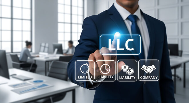 Businessman Touching LLC Virtual Interface for Limited Liability Company Formation