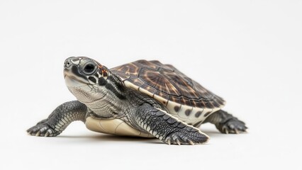 Fototapeta premium Close-up studio shot of a captivating baby sea turtle hatchling on a pristine white backdrop