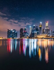 Obraz premium A city skyline at night with a body of water