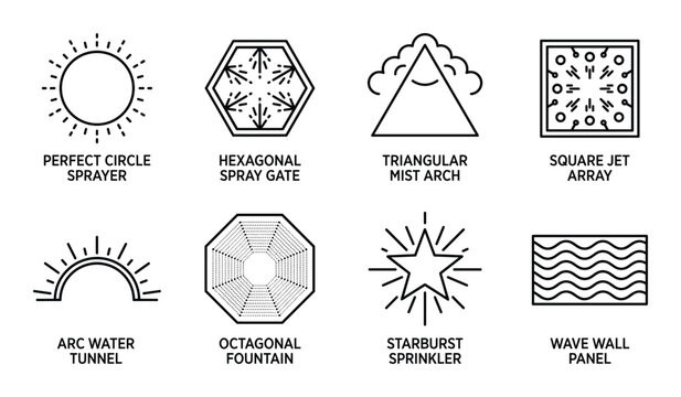 Water spray nozzle vector icons for park fountains and landscape irrigation perfect circle hexagonal triangular.