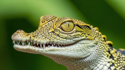 Fototapeta premium Captivating close-up of a young crocodile's head showcasing its intricate scales and piercing