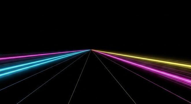 Soft trails of light vanish into a deep black void, creating a minimalist representation of time dissolving and the silence of the universe, darkness, particle, existential