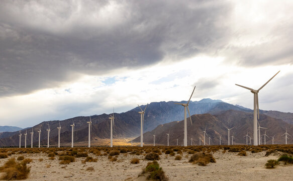 Alternative Wind Turbine farm  desert sunlight