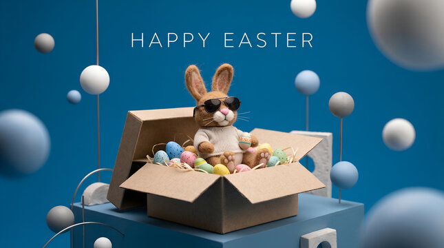 Happy Easter concept holiday greeting card - Cool Easter bunny, rabbit with sunglasses, sitting in a gift box with Easter eggs, isolated on a dark blue background.