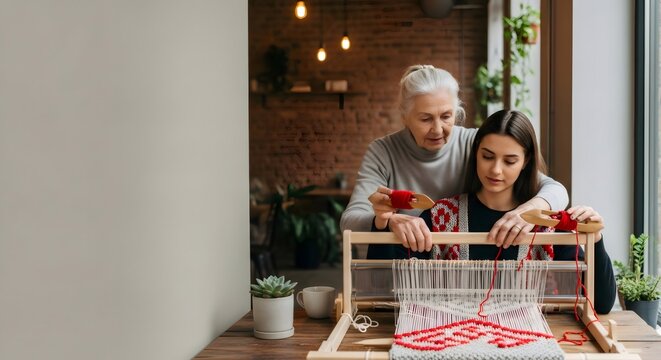 Grandmother teaching granddaughter weaving craft on small loom