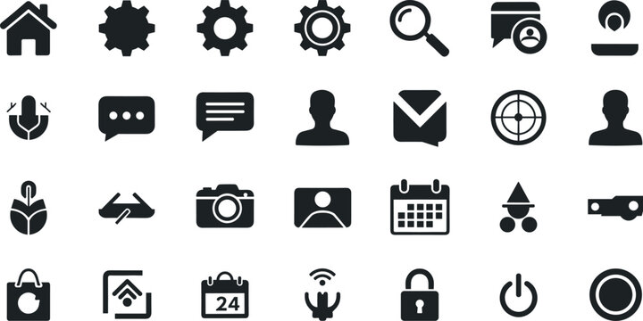 User interface and application icon set featuring navigation communication security media symbols in modern flat vector style