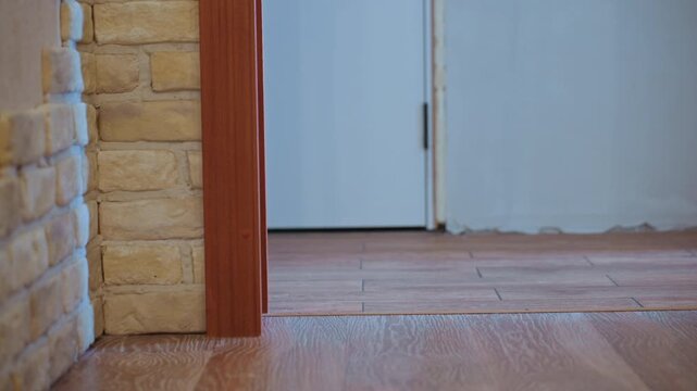 Son approaches kitten at doorway hardwood floor, sneakers and small hand entering frame, playful approach turns into gentle greeting, kitten watches from bricktrimmed jamb, ambient footsteps