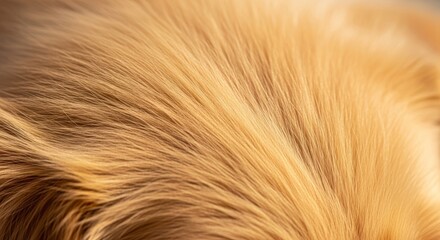 Naklejka premium Extreme macro shot of soft golden puppy fur showing intricate textures, fine hairs, and fluffy layers under warm natural sunlight detail, pet, fuzzy, surface