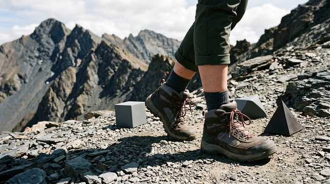 Hiking hiker walking traveler mountains landscape adventure nature outdoors sport background panorama - Closeup of feets from a woman with hiking shoe.