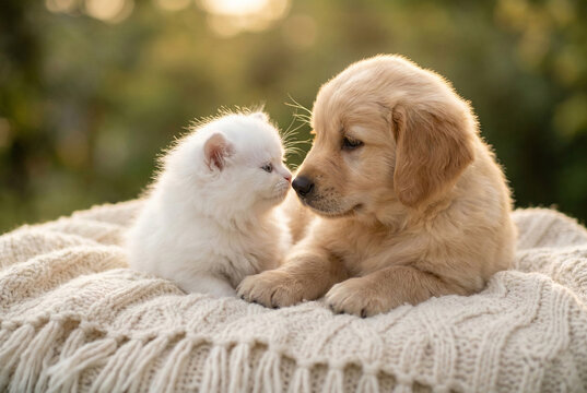 Adorable golden retriever puppy and fluffy white kitten touching noses outdoors