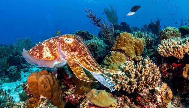 A colorful underwater scene with a large cuttlefish