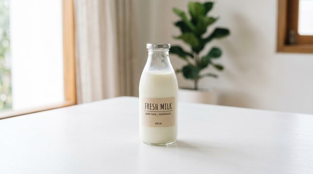Glass bottle of fresh pasteurized milk on a white wooden table