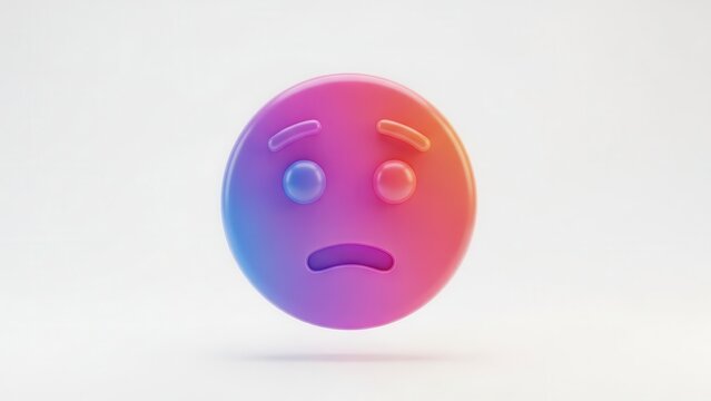 Vibrant gradient 3D rendered sad face emoji symbolizing confusion or distress on a pristine white