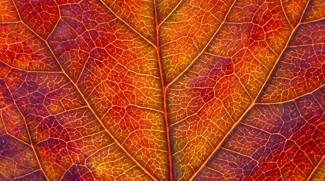 Detailed macro photography of vibrant leaf veins displaying an intricate biological structure bathed in golden sunset light revealing complex cellular patterns and organic abstract textures.