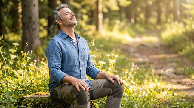 A serene middle aged man breathes deeply with eyes closed, enjoying sunlit nature. He smiles, feeling peaceful, balanced, and calm, embracing a healthy outdoor life and finding inner harmony.