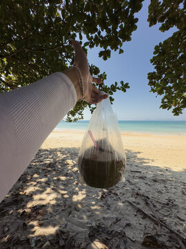anonymous hand holds bag with coconut at the beach