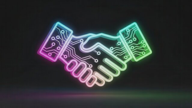 Vibrant neon glowing tech handshake representing innovative digital alliance and interconnected