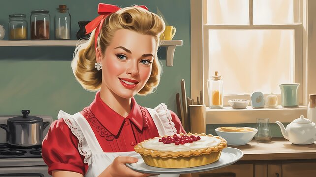 Vintage illustration of a cheerful homemaker presenting a freshly baked pie