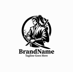 Fototapeta premium A Japanese samurai holding a sword is illustrated in a circular emblem logo design minimalist