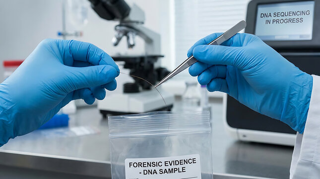 Professional forensic scientist wearing blue nitrile gloves uses metal tweezers holding a human hair follicle over an evidence bag for DNA analysis inside a modern laboratory workstation.