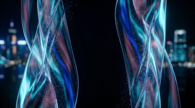 Elegant abstract glowing blue and pink twisted forms with sparkling particles create a dynamic futuristic technological background representing digital data flow and modern connectivity.