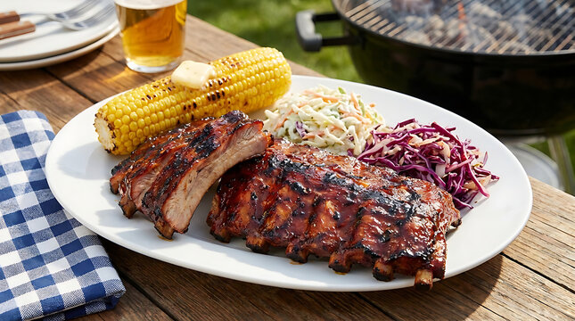 Succulent Grilled Barbecue Ribs Platter with Charred Corn Cob Tangy Coleslaw and Red Cabbage Salad Savoury Smoked Meat Dish with Zesty Sauce and Nutritious Fresh Vegetable Sides for Summer Cookout