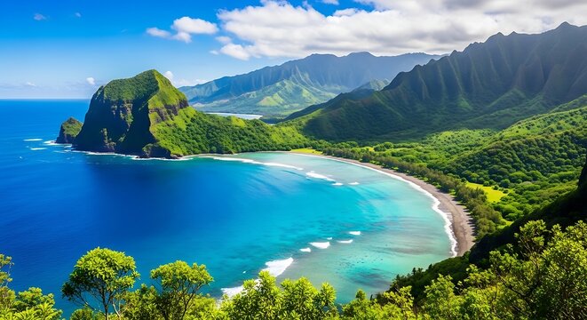 Beautiful hawaii napali coast landscape with blue ocean and green mountains.