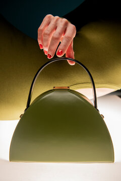 Green Leather Handbag With Curved Shape And Handle