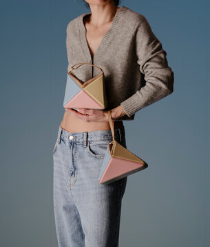 Pastel Geometric Handbag Duo With Triangular Shapes