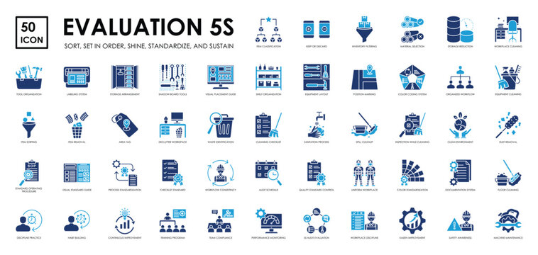 Evaluation 5S Icon Set &ndash; Sort Set in Order Shine Standardize Sustain Workflow Management