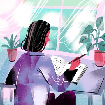 Woman Writing a Gratitude Journal by an Open Window